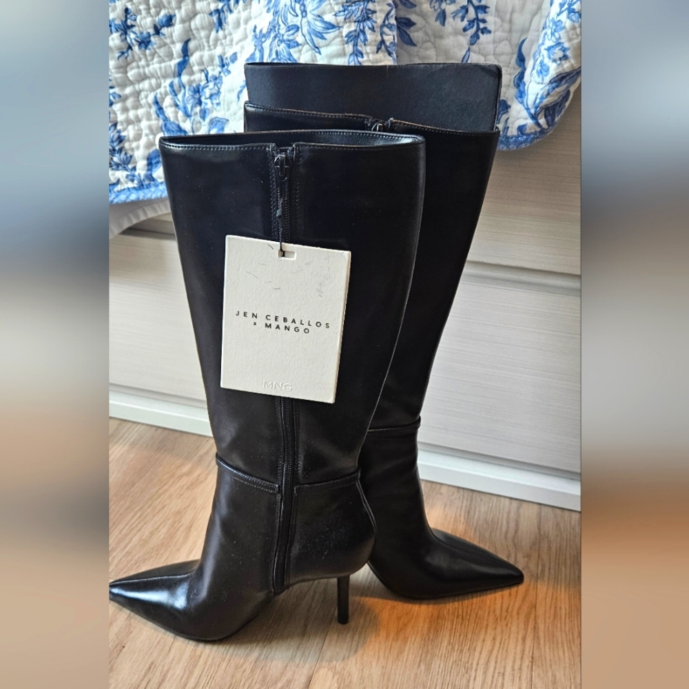 Mango Black Leather Knee-High Boots